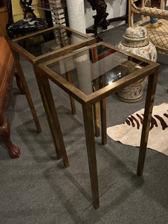 Pair of Midcentury Modern Tall Aged Brass & Smokey Glass End Tables or Stands