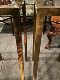 Pair of Midcentury Modern Tall Aged Brass & Smokey Glass End Tables or Stands
