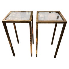 Pair of Midcentury Modern Tall Aged Brass & Smokey Glass End Tables or Stands
