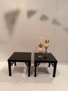 Versatile Chic Pair of Black Tooled Leather & Gold Embossed End Tables