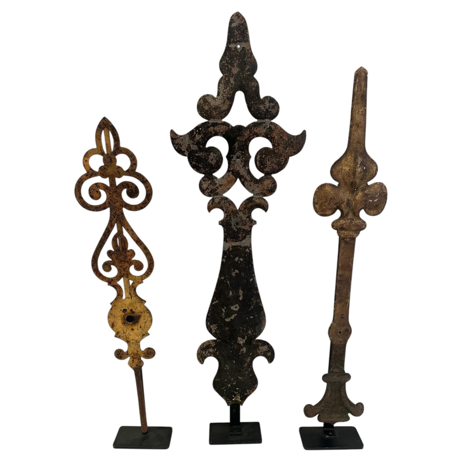 Collection of 3 Found Object Antique Clock Hand Sculptures on Stands