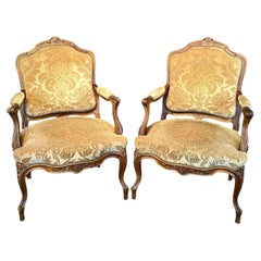 Pair of Louis XV Carved Armchairs with Cut Velvet Mohair Upholstery