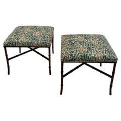Elegant Pair of Faux Bamboo Brass & Contemporary Upholstered Benches Ottomans