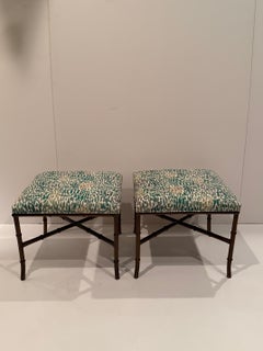 Elegant Pair of Faux Bamboo Brass & Contemporary Upholstered Benches Ottomans