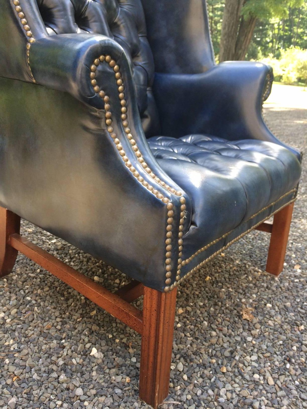 Navy Blue Leather Tufted Wing Chair, Blue Leather Wingback Chair