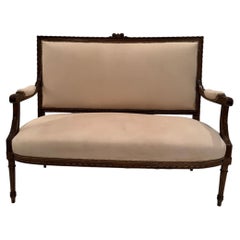 Beautiful French Carved Mahogany & White Suede Loveseat