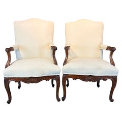 Pair of Early 19th Century French Louis XV Carved Walnut Fauteuil Armchairs