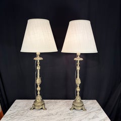 Pair of Tall Antique French Gilt Metal Church Altar Candlestick Table Lamps