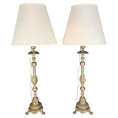 Pair of Tall Antique French Gilt Metal Church Altar Candlestick Table Lamps
