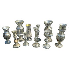 Bellissima collezione di 10 candelieri e vasi vintage in vetro mercurio