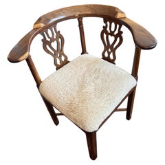 Handsome Antique Chippendale Style Walnut & Shearling Corner Desk Chair