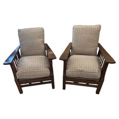 Dapper Pair of Arts & Crafts Morris Style Club Chairs with Grey Flannel Plaid