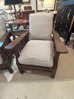 Dapper Pair of Arts & Crafts Morris Style Club Chairs with Grey Flannel Plaid
