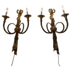 Pair of Lovely Vintage Antique Brass Horn Motif Sconces