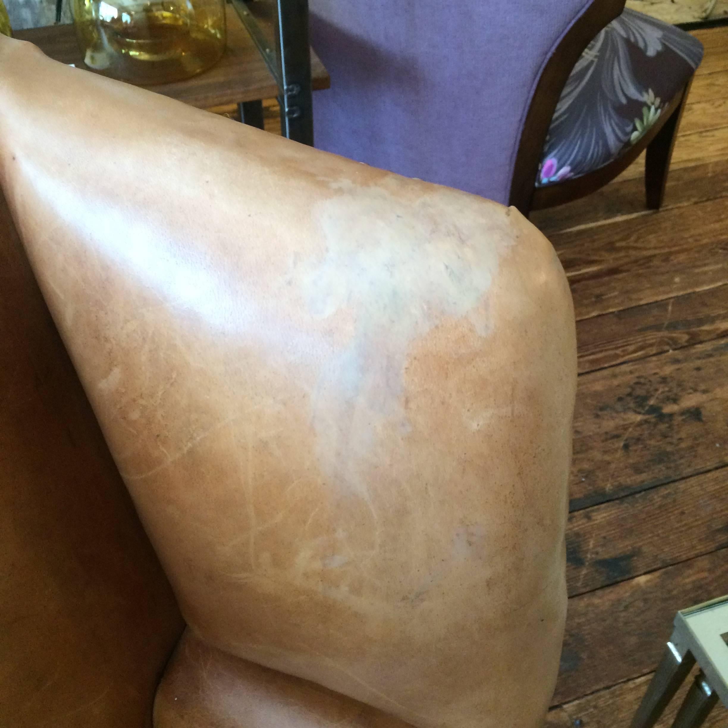 Pair of Petite Distressed Leather Chippendale Style Wing Chairs In Good Condition In Hopewell, NJ