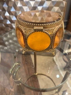 Lovely French Ormolu & Amber Glass Round Jewelry Box