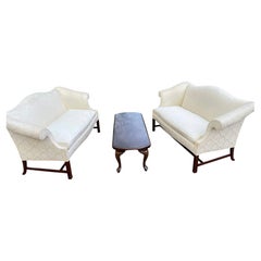 Pair of Classic Chippendale Style Upholstered Loveseats Sofas
