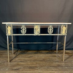 Antique French Balcony Console Table with Marble Top & Gold Figural Wrought Iron