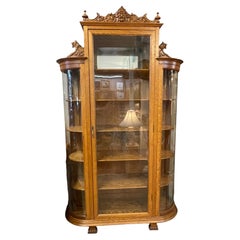 Antique Edwardian Golden Oak China or Curio Cabinet with Curved Original Glass