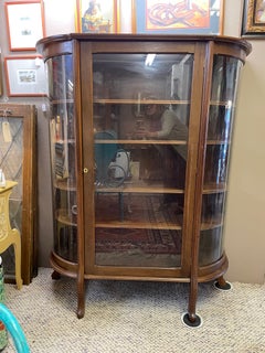Antique Empire Bow Front Oak and Curved Glass Curio Cabinet Vitrine