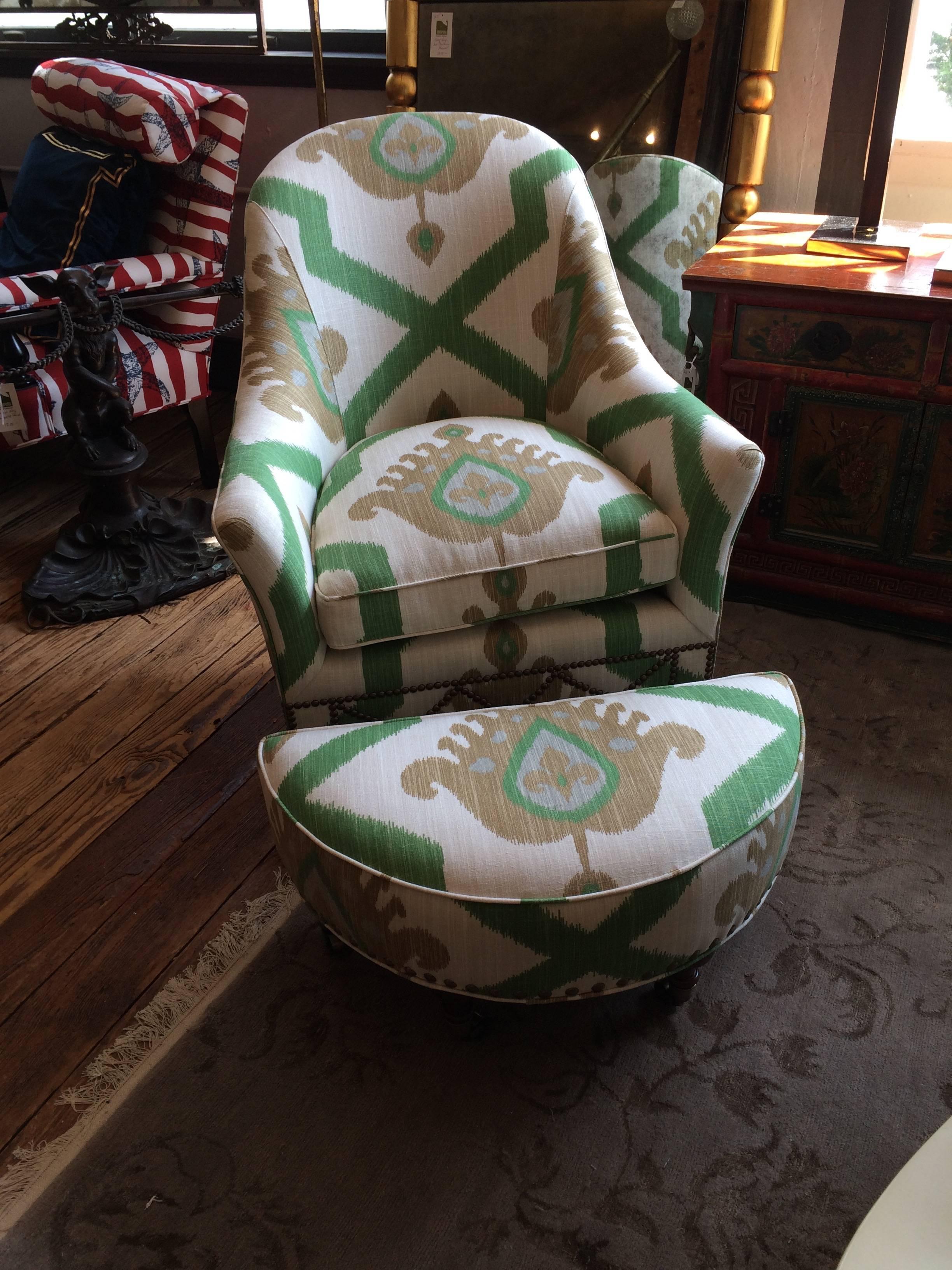 Striking Vintage Ikat Upholstered Club Chair and Crescent Shaped Ottoman 1