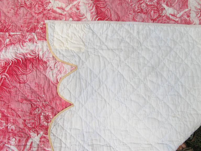 French 19th Century Quilted Toile Coverlet For Sale