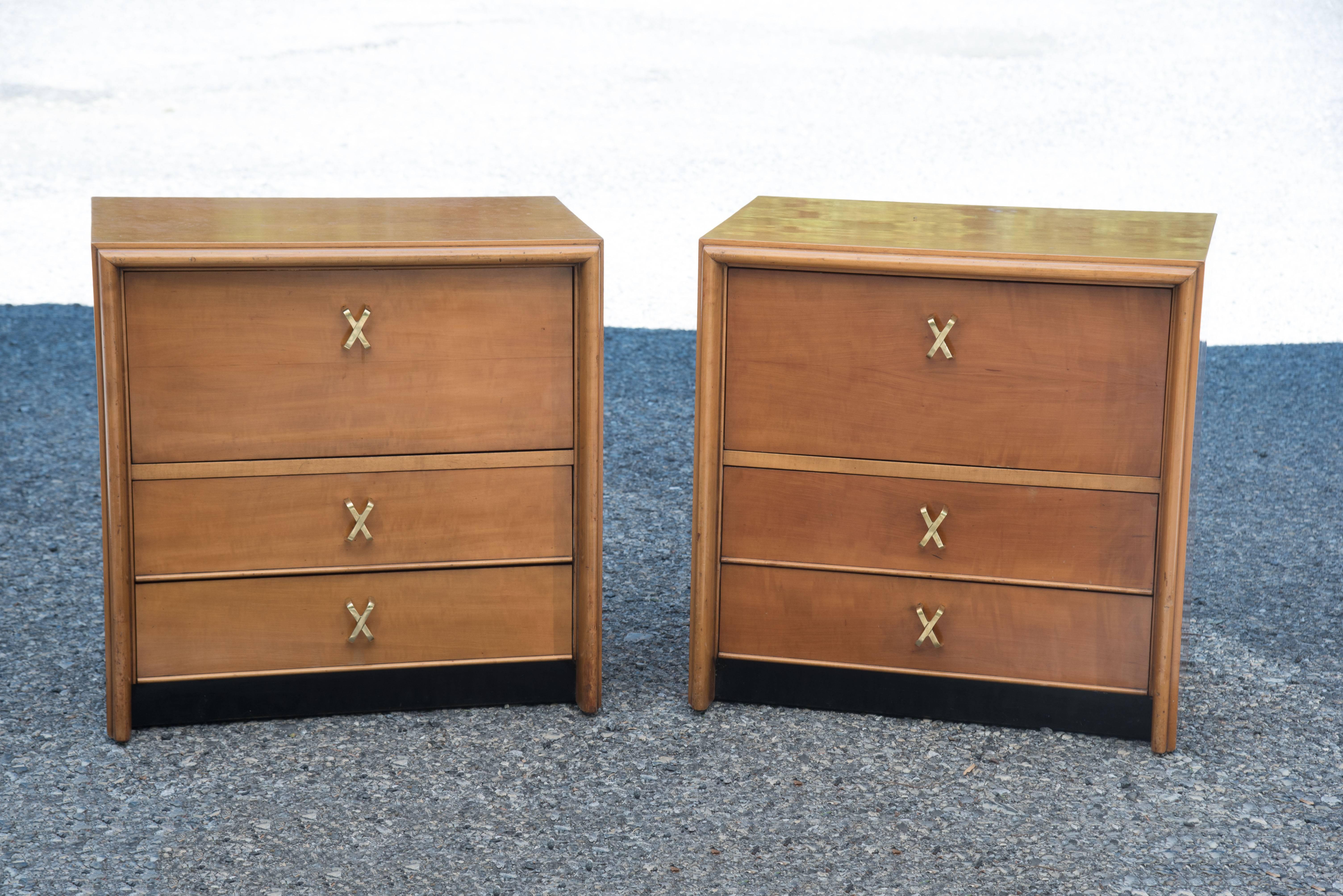 Two satin birch nightstands and a large chest of drawers by Paul Frankl for Johnson Furniture. They also have John Stuart labels.
Nightstand top drawer 9" H & 21.75" W.
Bottom drawer 5" H and 21.75".
Cool brass