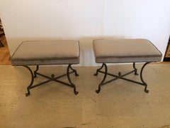 Sleek Pair of Iron and Upholstered X Benches Ottomans