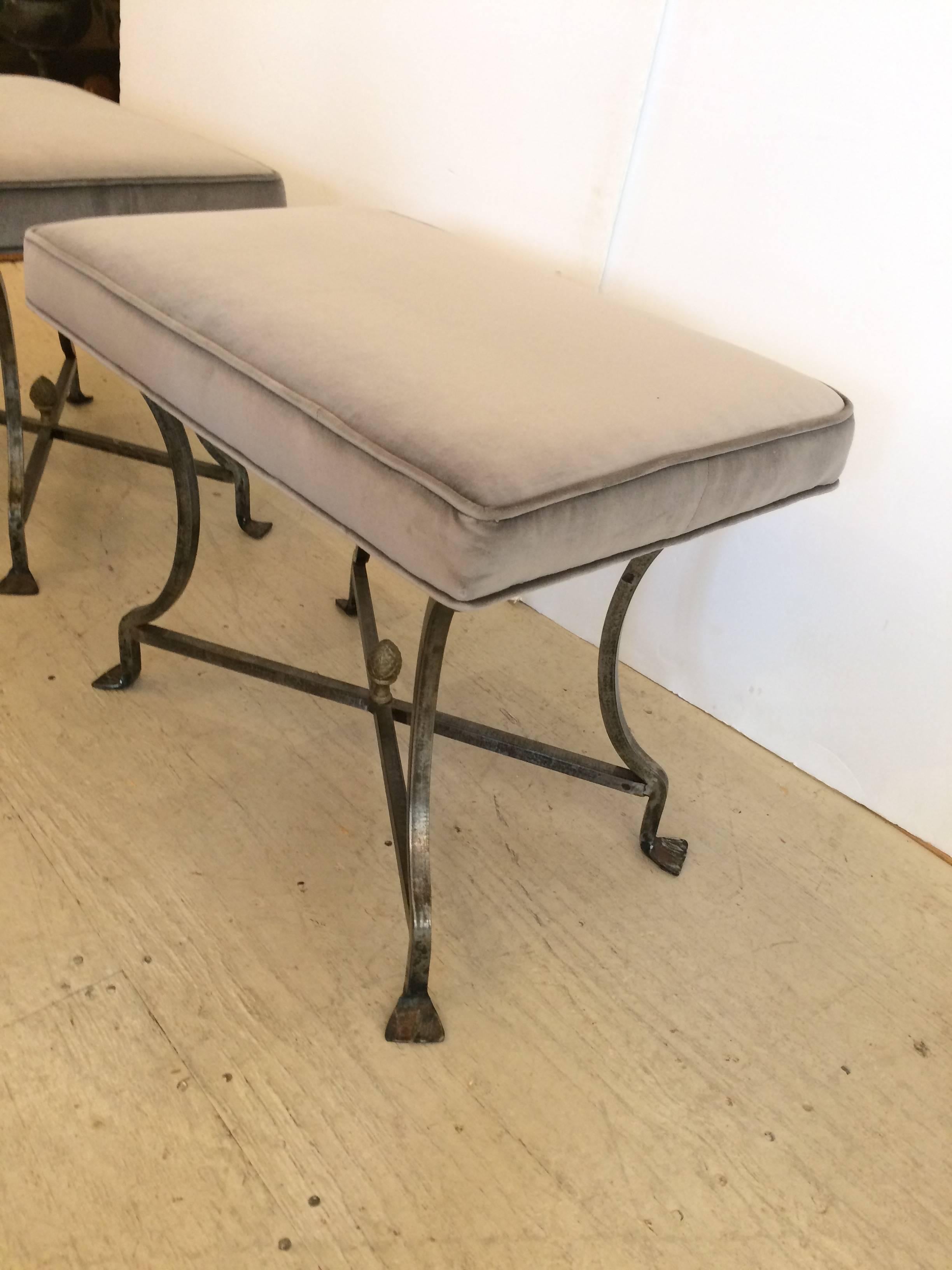 Italian Sleek Pair of Iron and Upholstered X Benches Ottomans