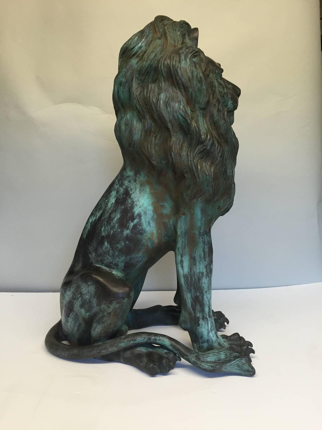 Monumental Pair of Striking Verdigris Bronze Lion Sculptures For Sale