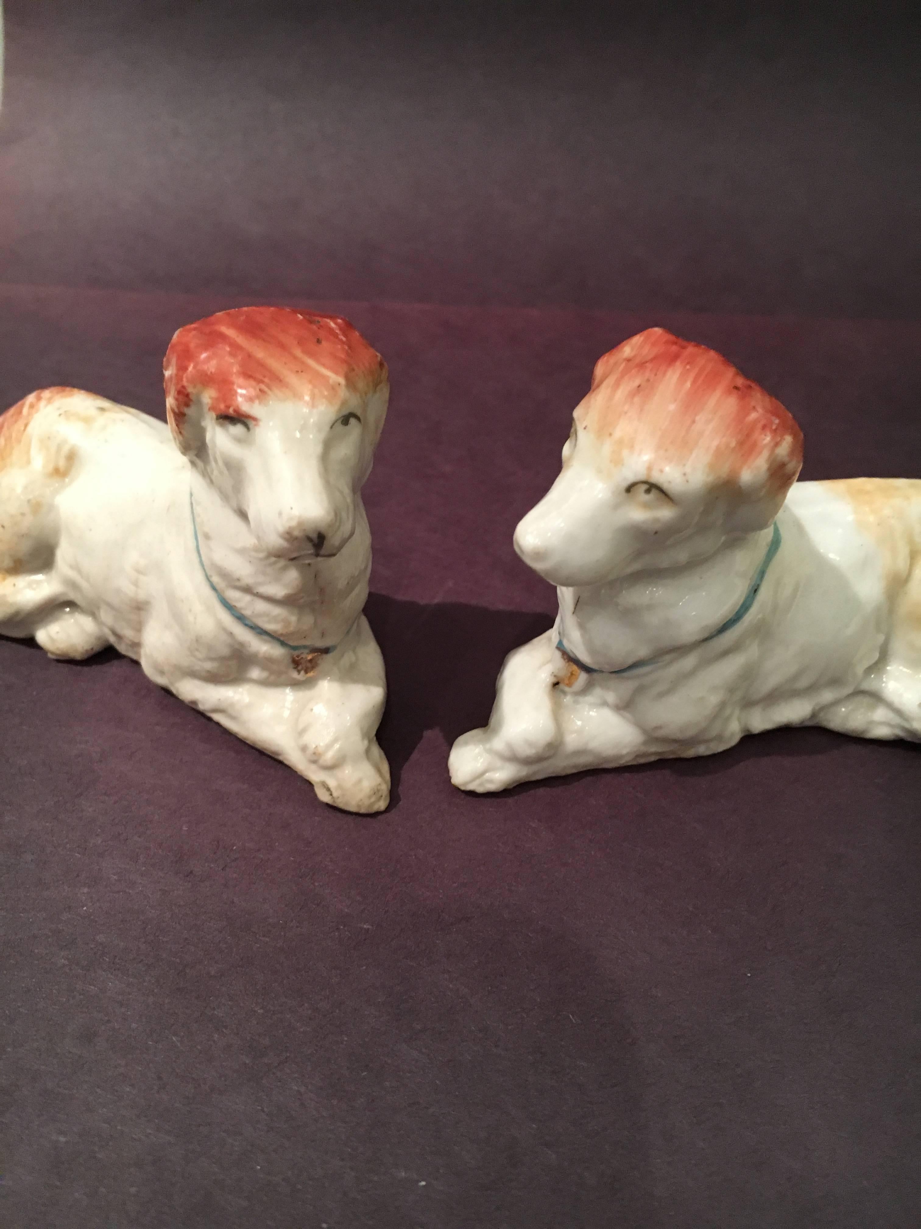 Antique Rare Pair of Recumbent Staffordshire Dogs For Sale at 1stDibs