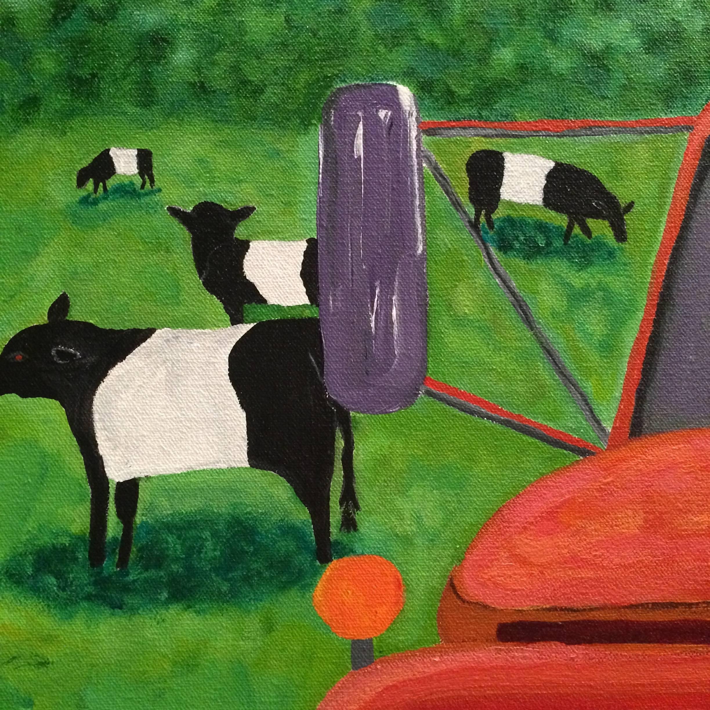 American Bold Original Painting of Old Truck and Belted Galloway Cows