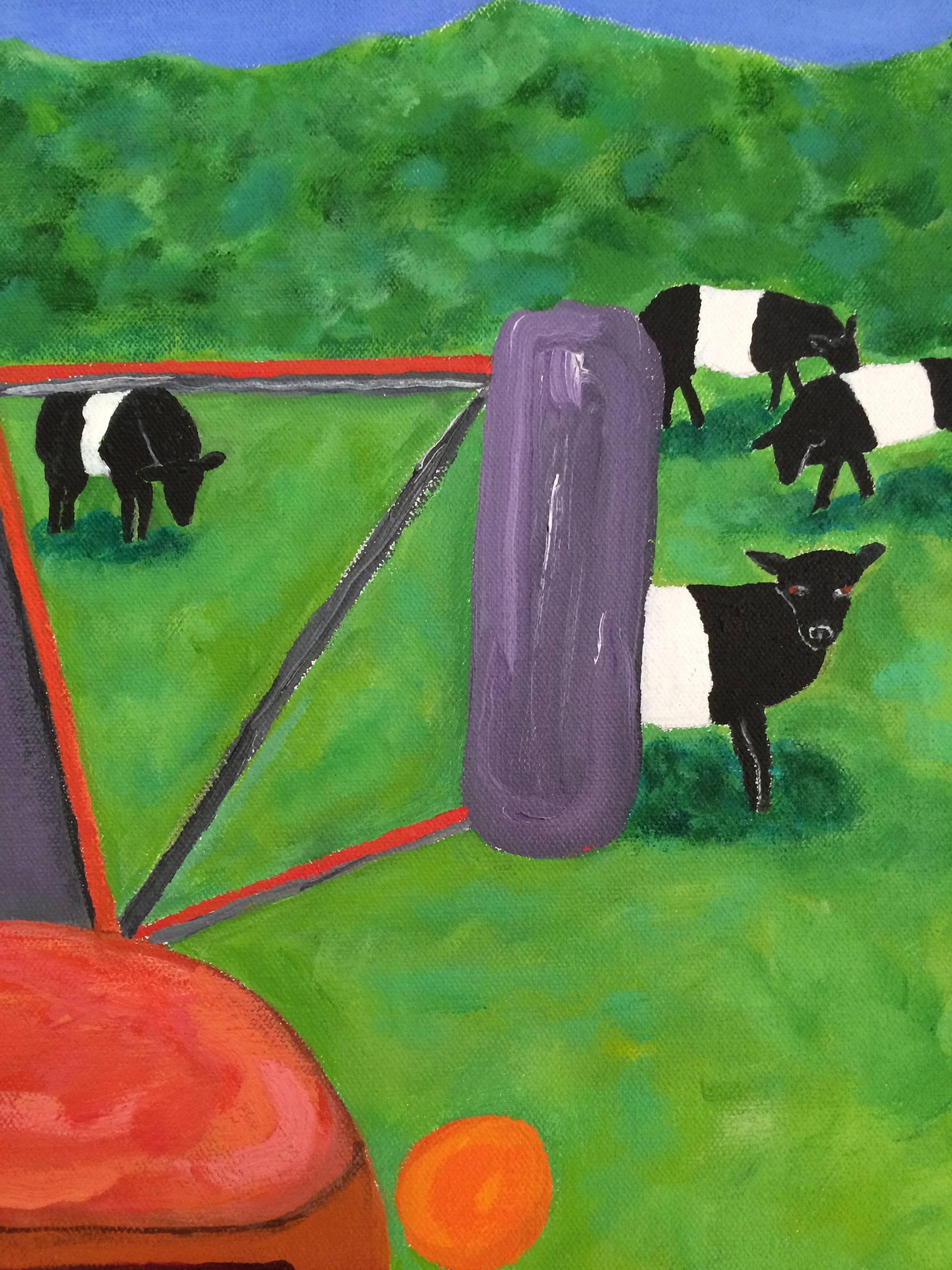 Bold Original Painting of Old Truck and Belted Galloway Cows In Excellent Condition In Hopewell, NJ