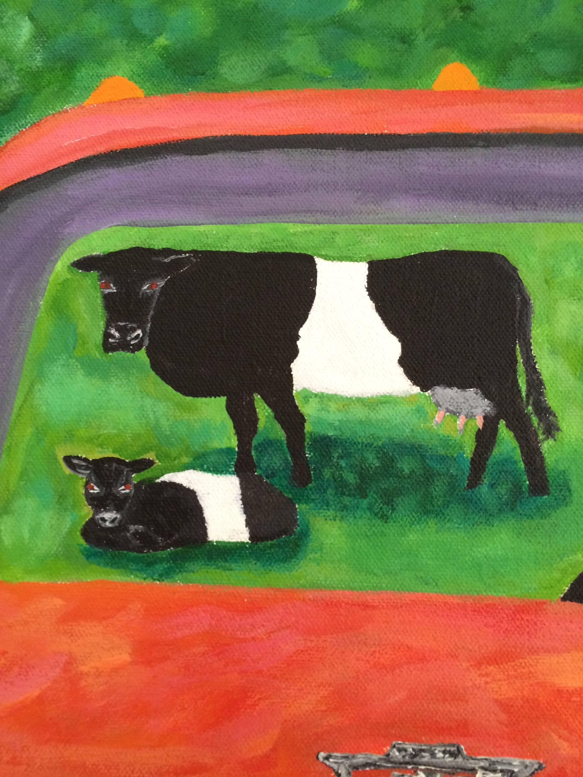 Acrylic Bold Original Painting of Old Truck and Belted Galloway Cows