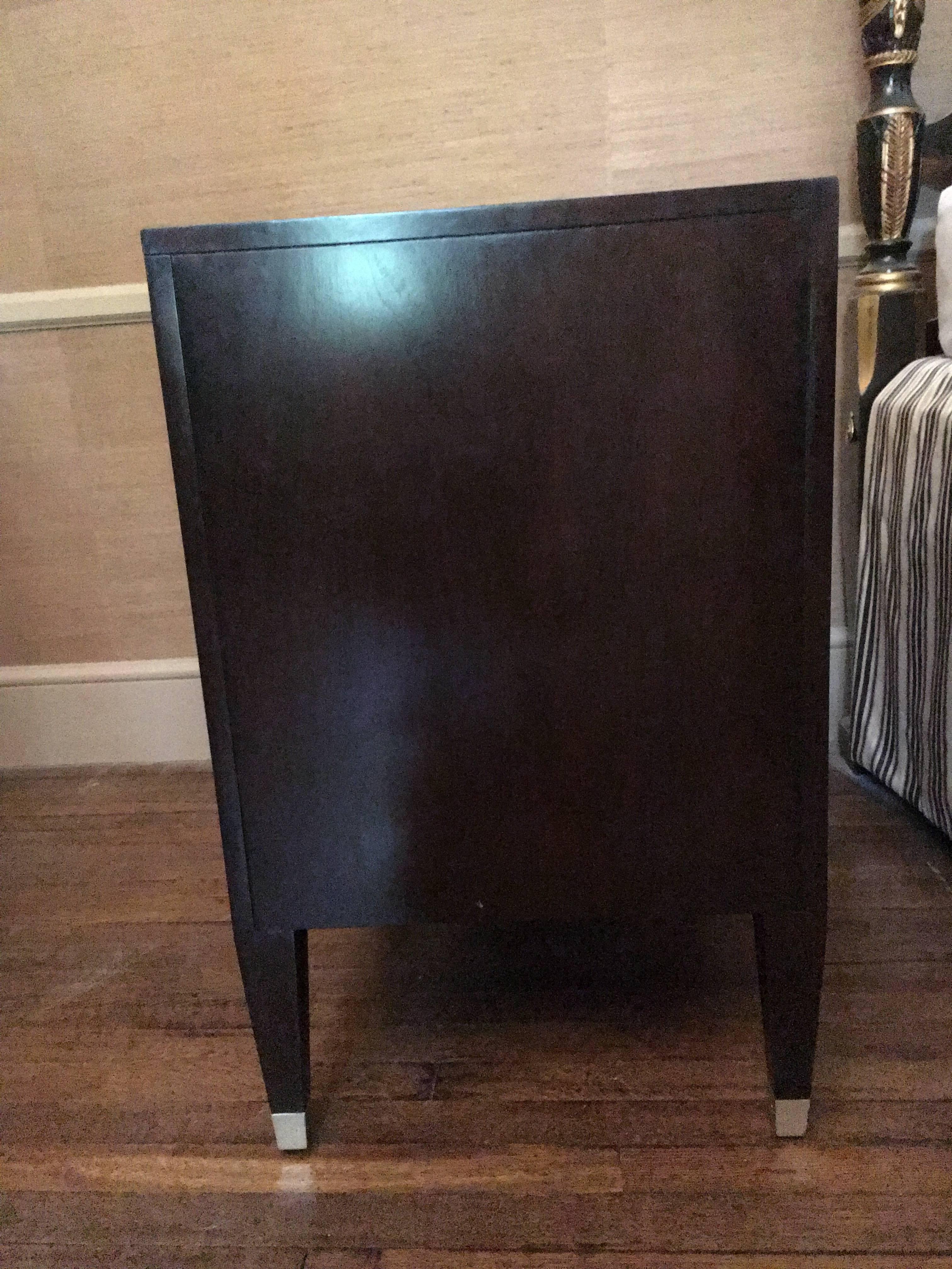 Chic Pair of Ebonized and Silver Leaf Nightstands or Side Tables 1