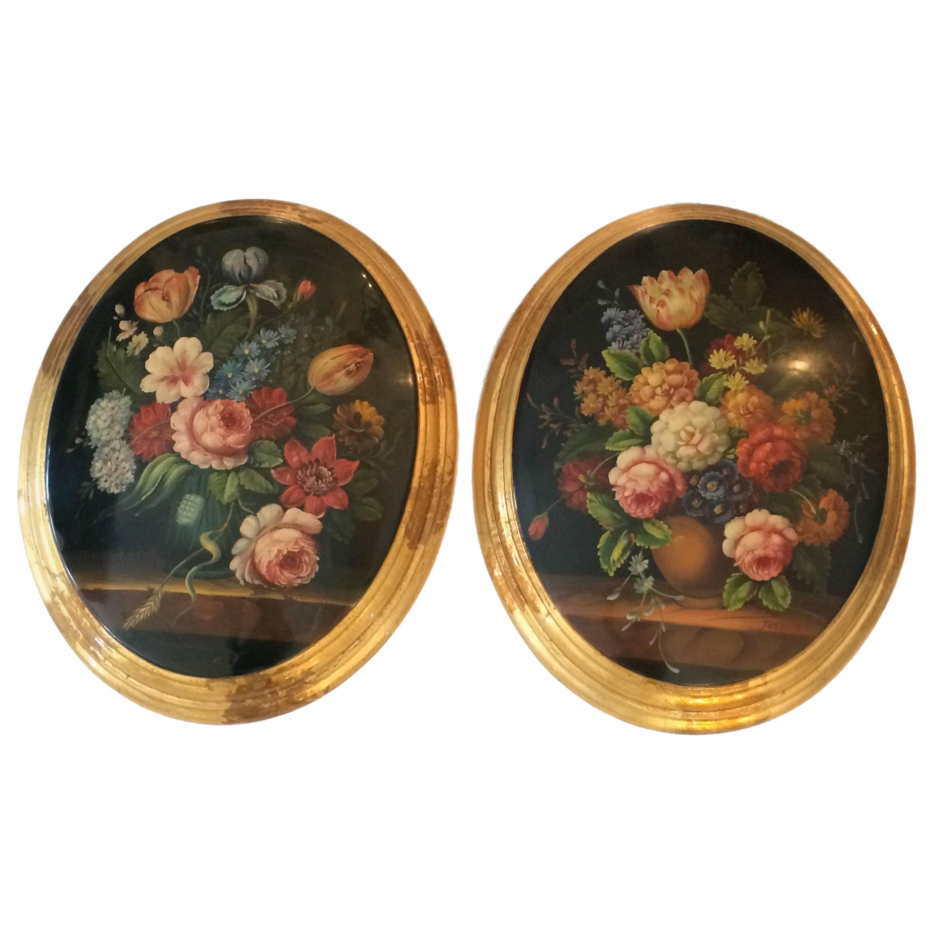 Pair of Italian Hand-Painted Oval and Giltwood Framed Still Life Paintings