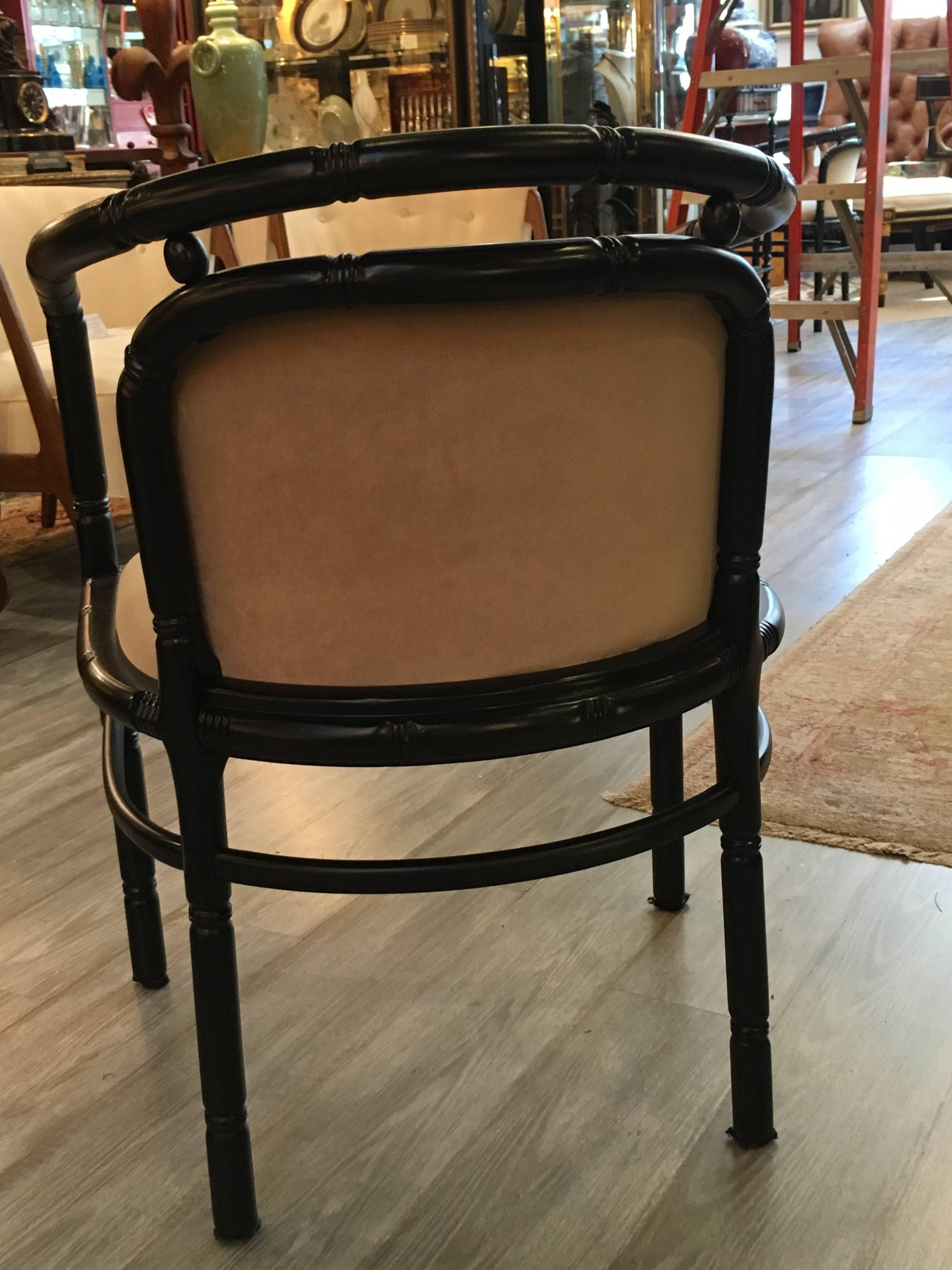 Mid-Century Modern Chic Pair of Black Faux Bamboo Chairs with Camel Velvet Upholstery