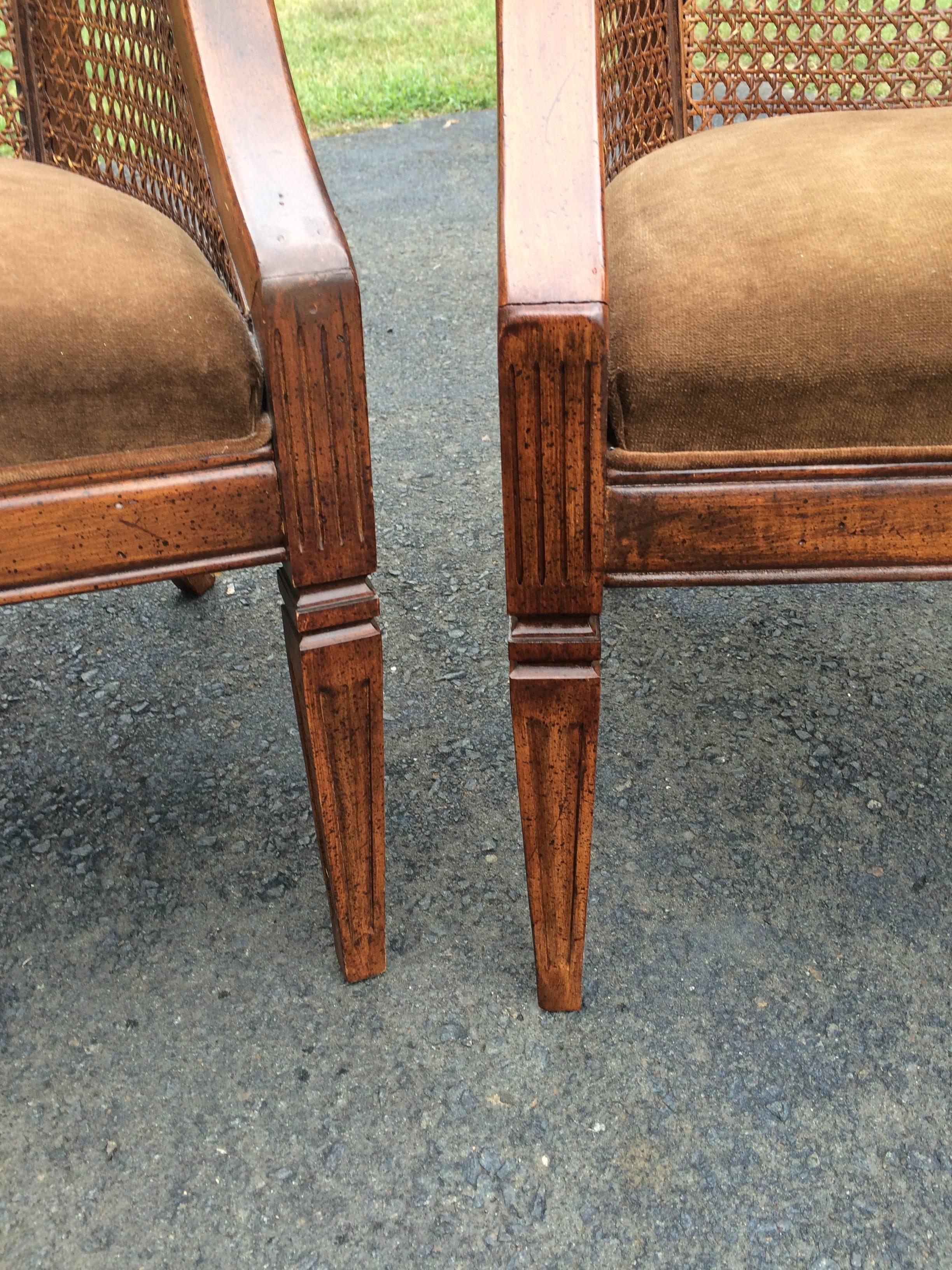 Mid-20th Century Traditional Pair of Carved Wood, Caned and Velvet Library Chairs