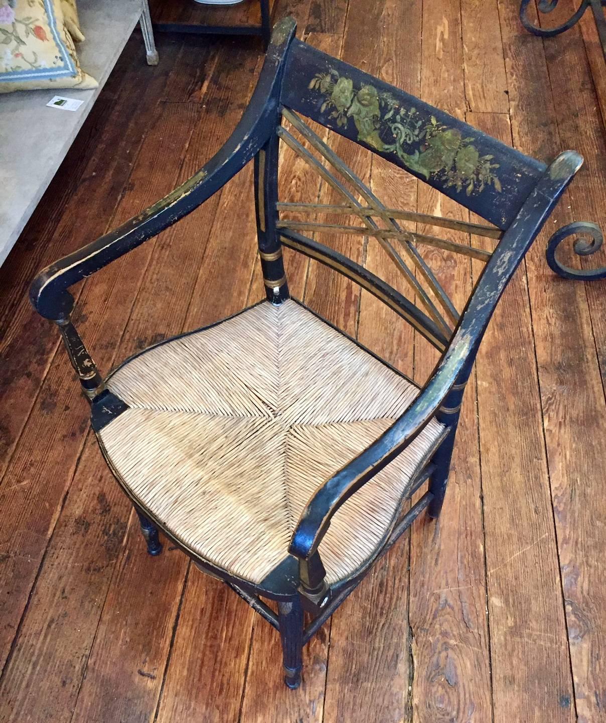 Early 20th Century Antique English Empire Armchair with Rush Seat