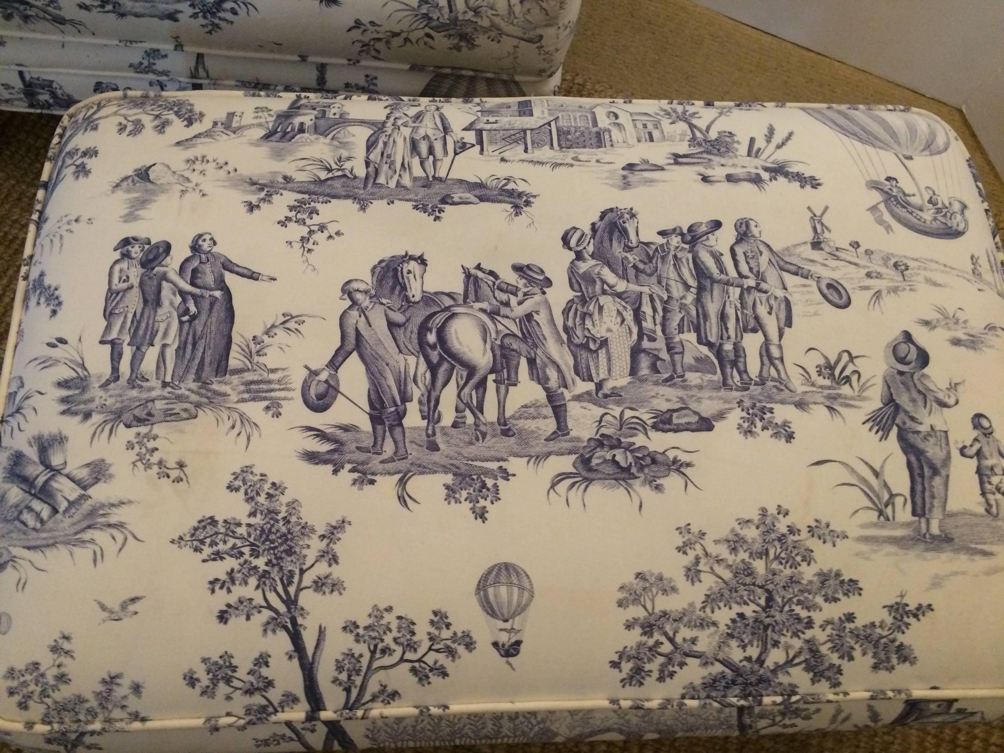 Mid-20th Century Pair of Lovely Traditional Toile Pillow Top Ottomans