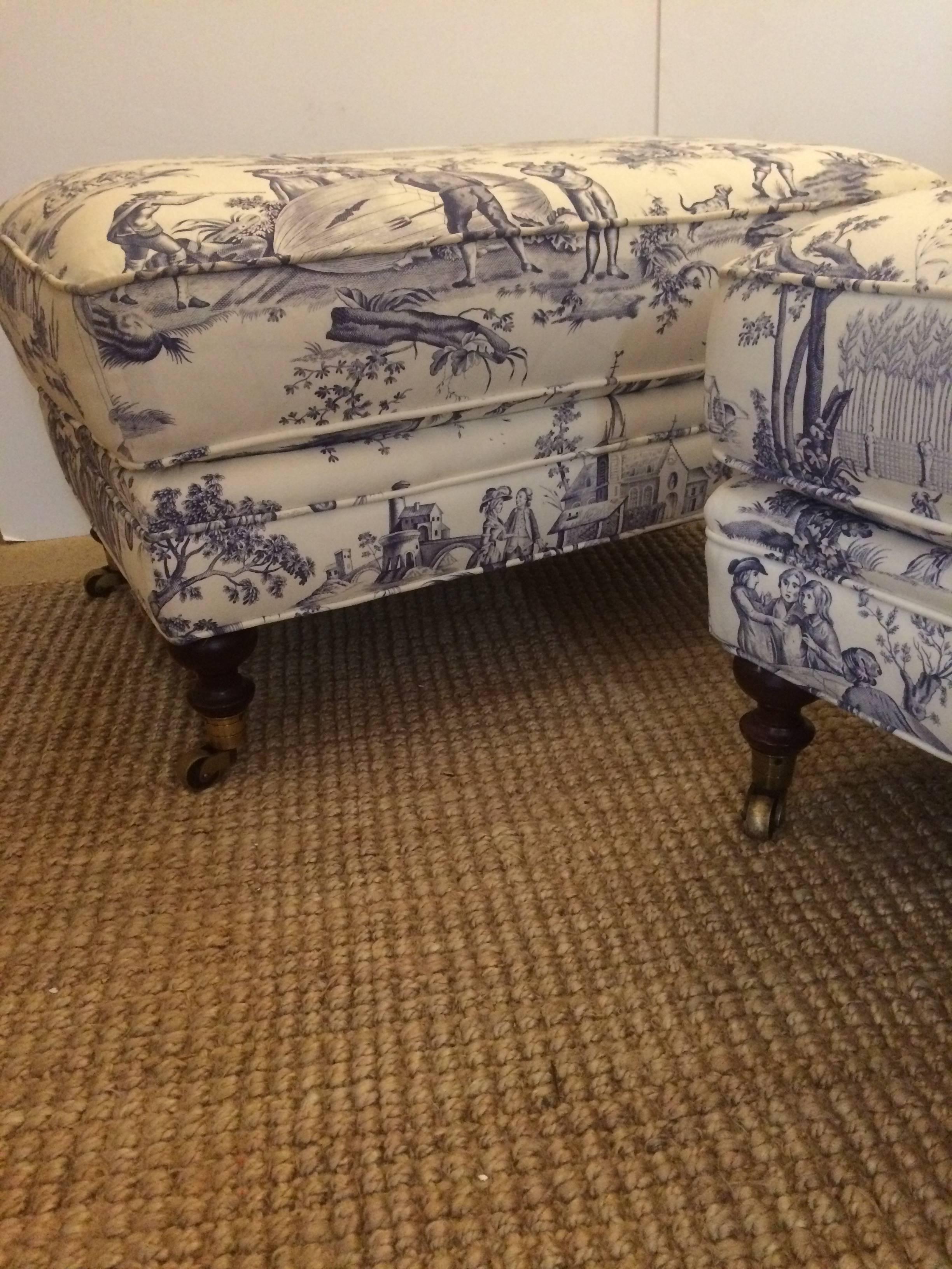 Pair of Lovely Traditional Toile Pillow Top Ottomans In Excellent Condition In Hopewell, NJ
