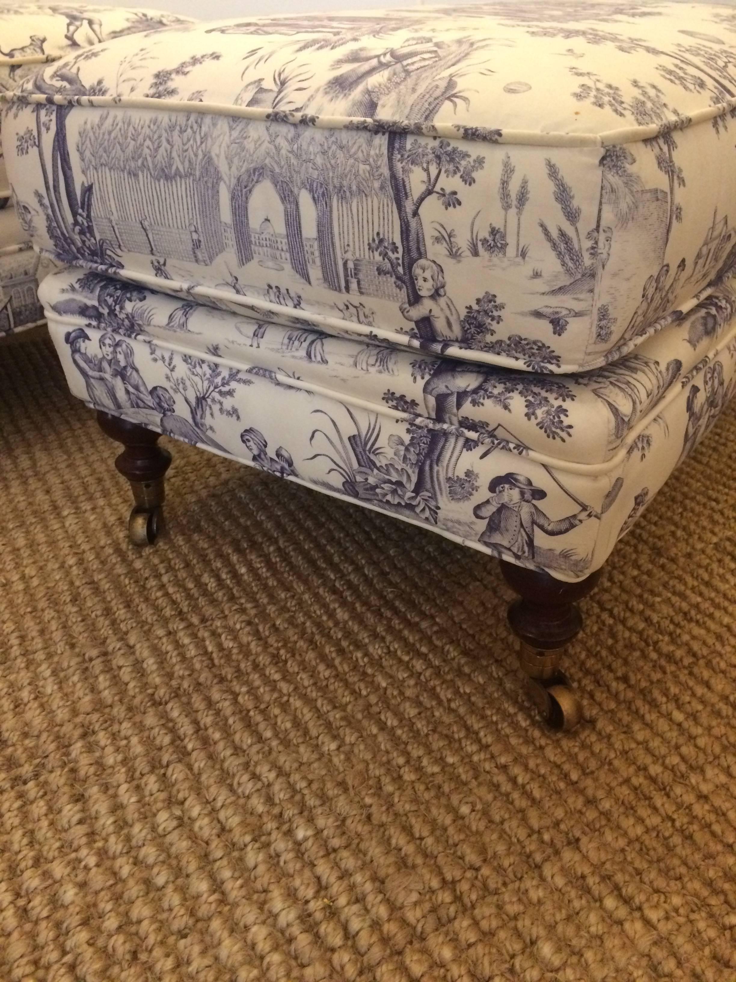 Pair of Lovely Traditional Toile Pillow Top Ottomans 1