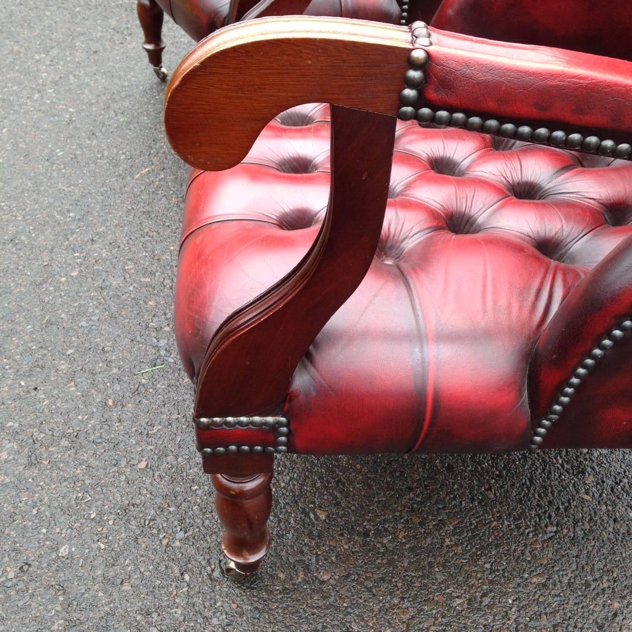 English Special Pair of William IV Mahogany and Tufted Red Leather Library Chairs