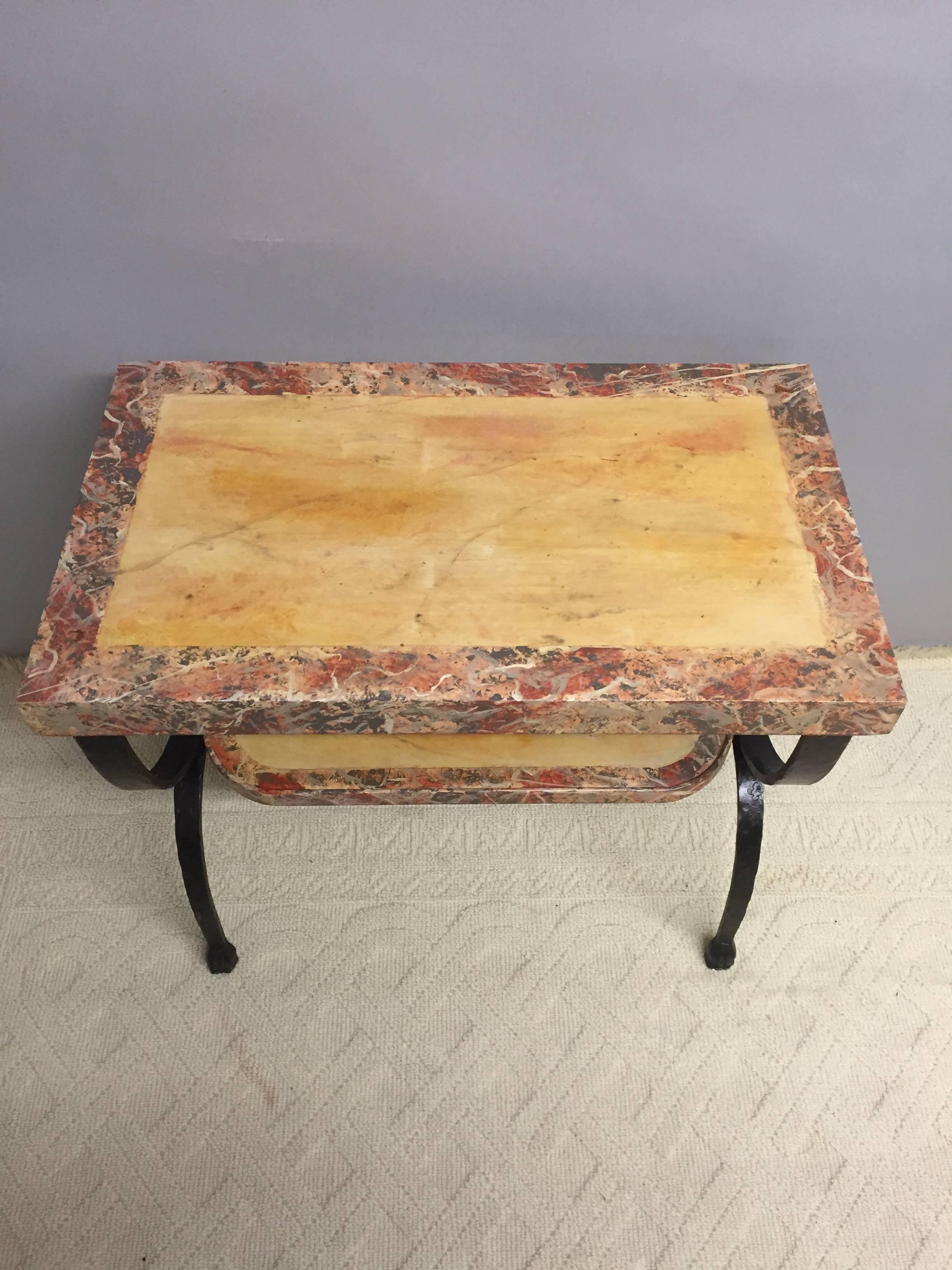 Italian Two-Tier Faux Marbleized Wood and Hand-Forged Wrought Iron Side Table