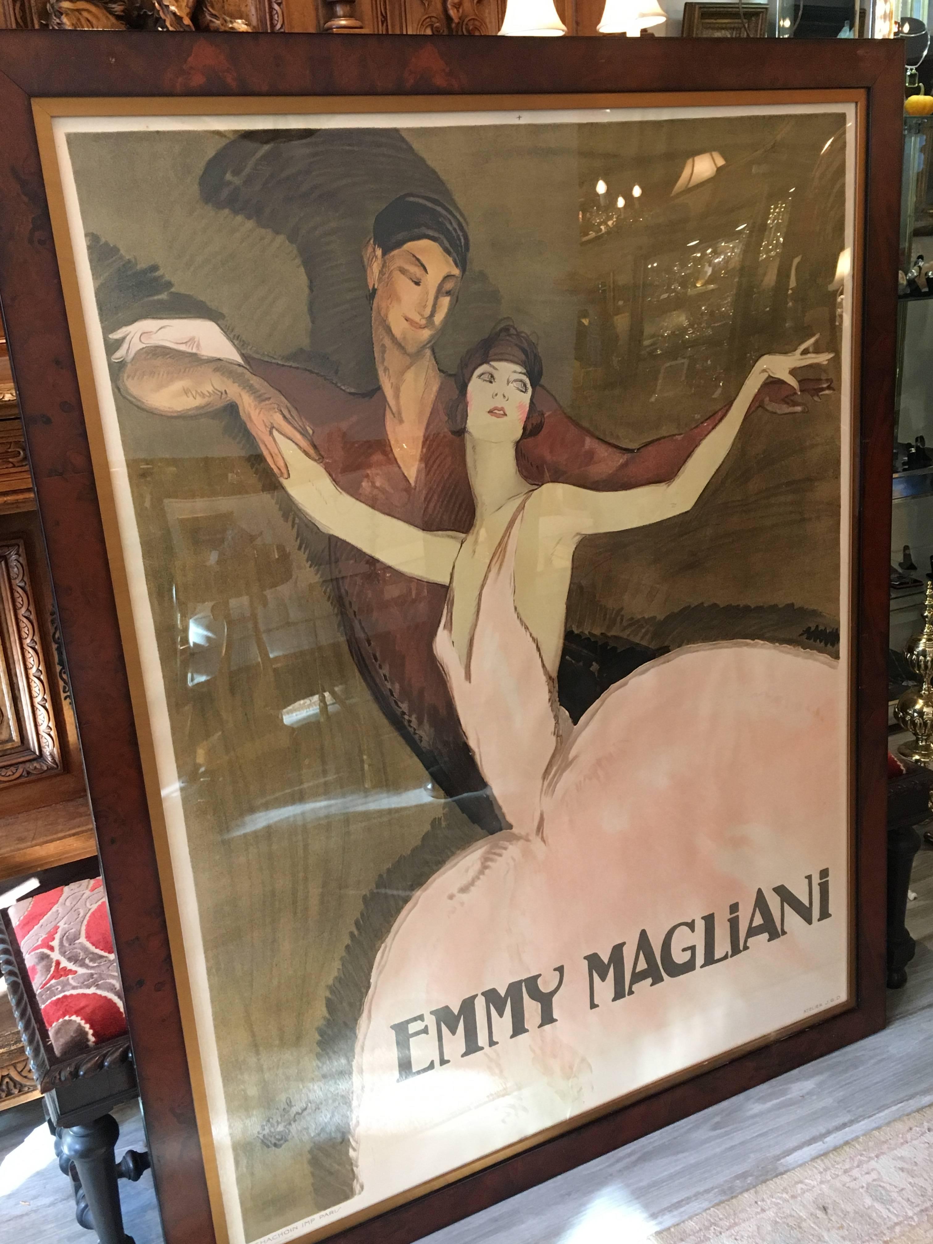 Stunning vintage French poster by Jean-Gabriel Domergue, a leading poster artist in the 1920s and 1930s. Mounted on linen, ballerina Emmy Magliani is captured in a flowing pose. His elongated figures and pencil thin heroines were his signature.