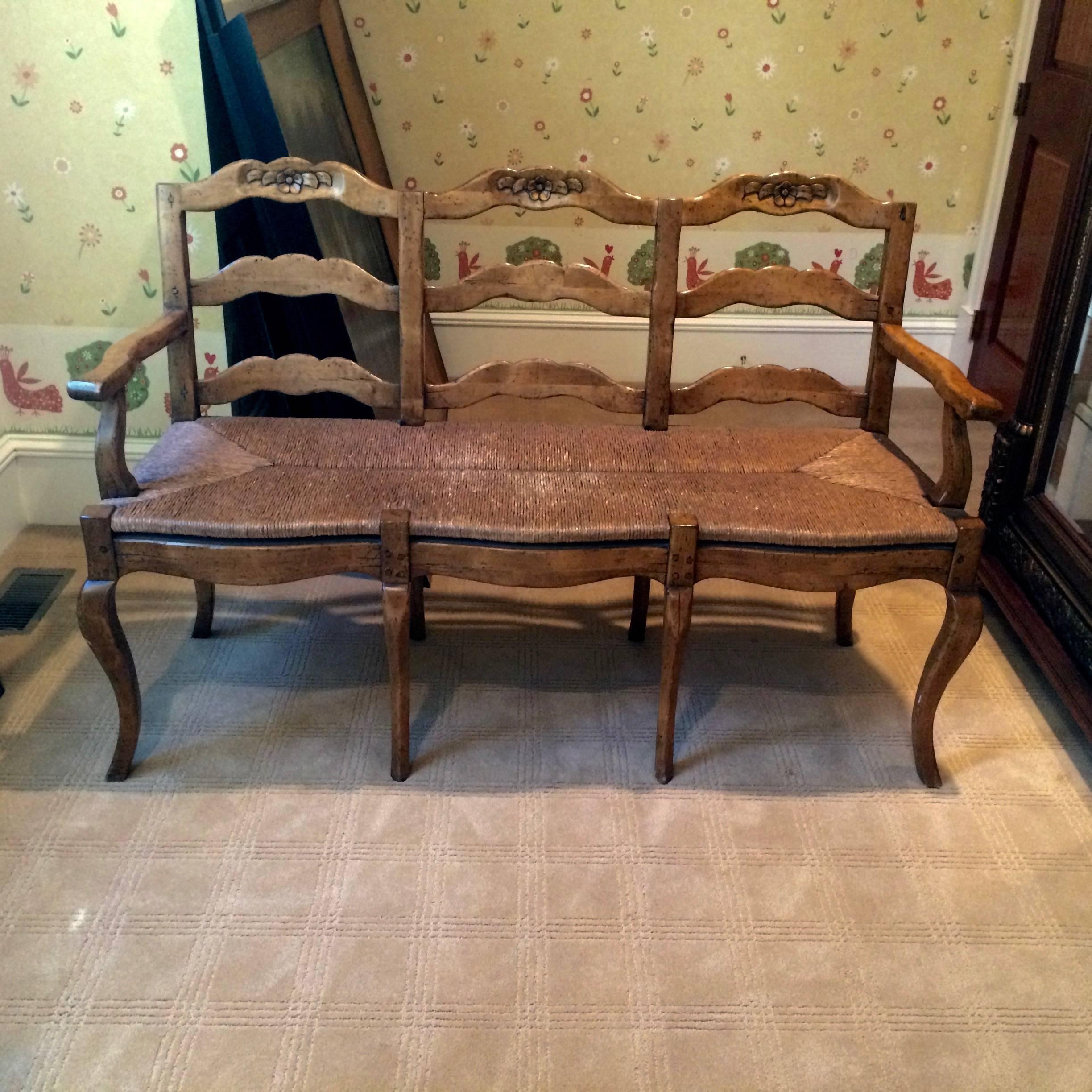 Charming Vintage Wood and Rush Seat Country Bench 3
