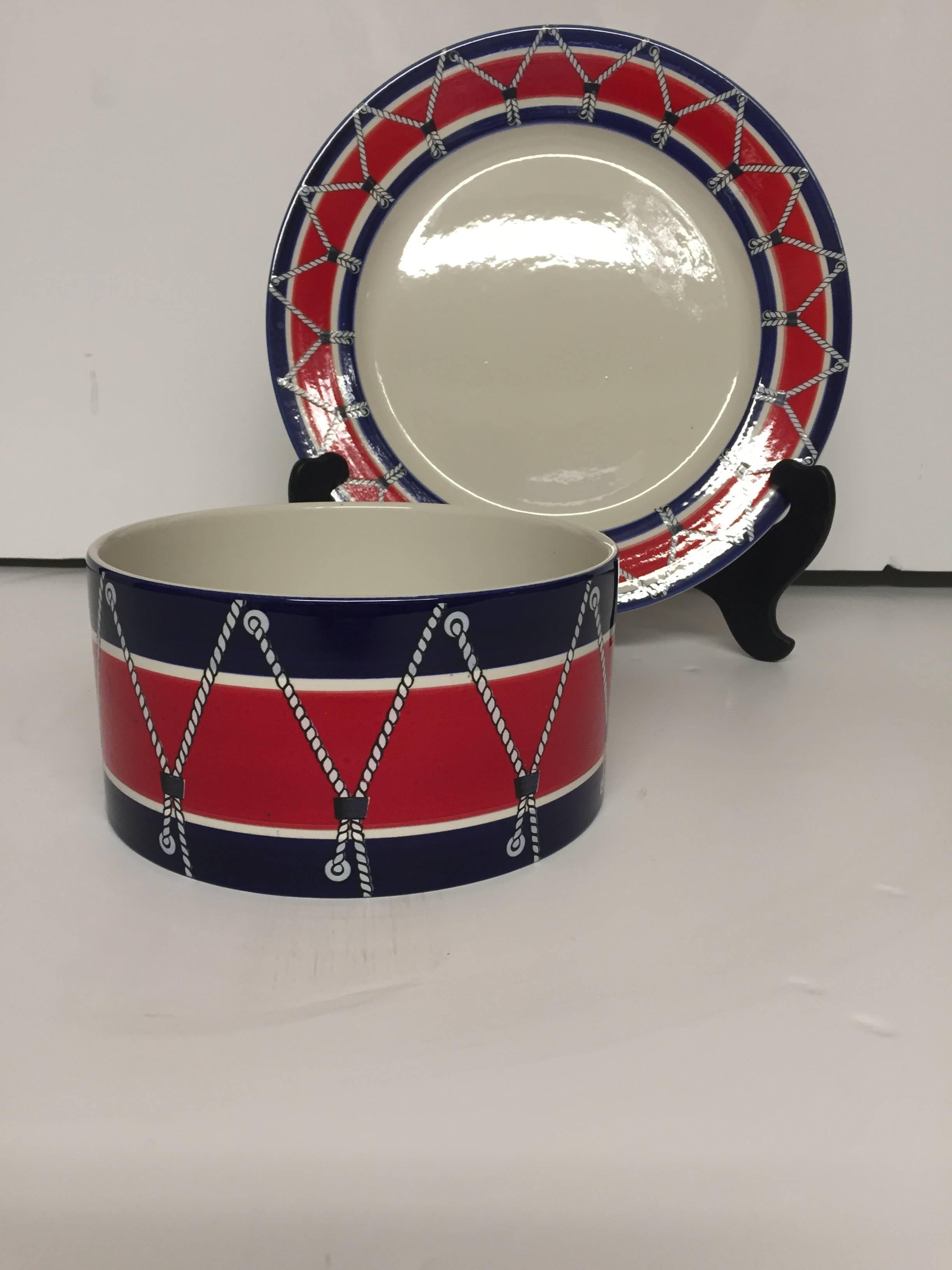 Fabulous and stylish set of Italian Mid-Century drum pattern dinnerware by Mancioli. Includes the following:
Six bowls 4.75 round x 2.5 H.
Six cups and saucers 2.75 H x 3.75 round.
(Saucers 6.5 round)
Six lunch plates 8.25. 
Bread and butter