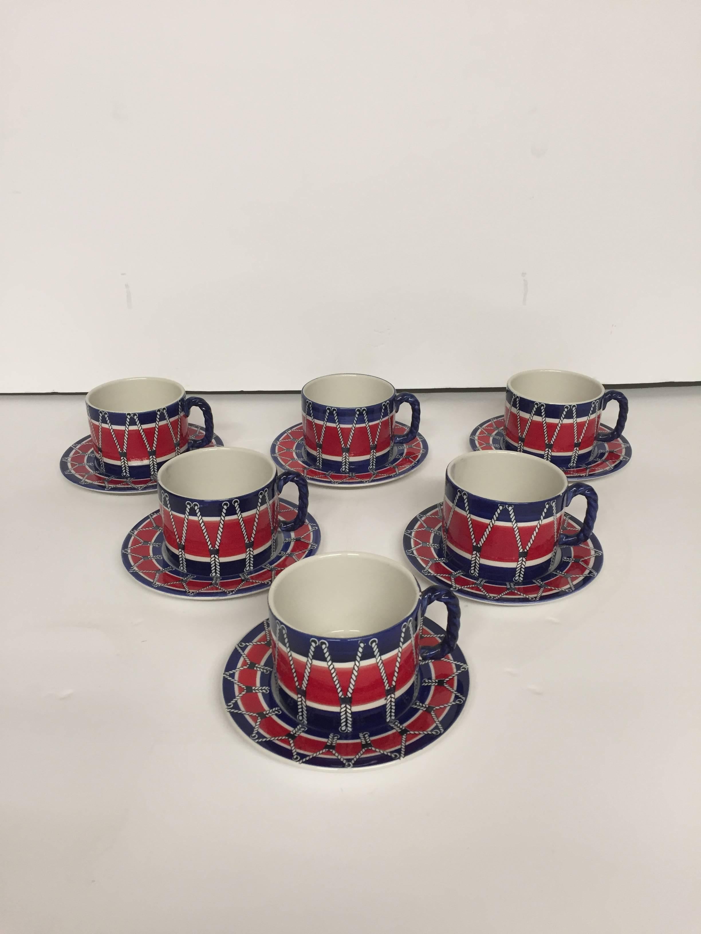 Mid-20th Century Red White and Blue Mancioli Drum Motiffe Dinnerware