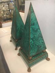 Pair of Tony Duquette Style Large Faux Malachite Obelisks