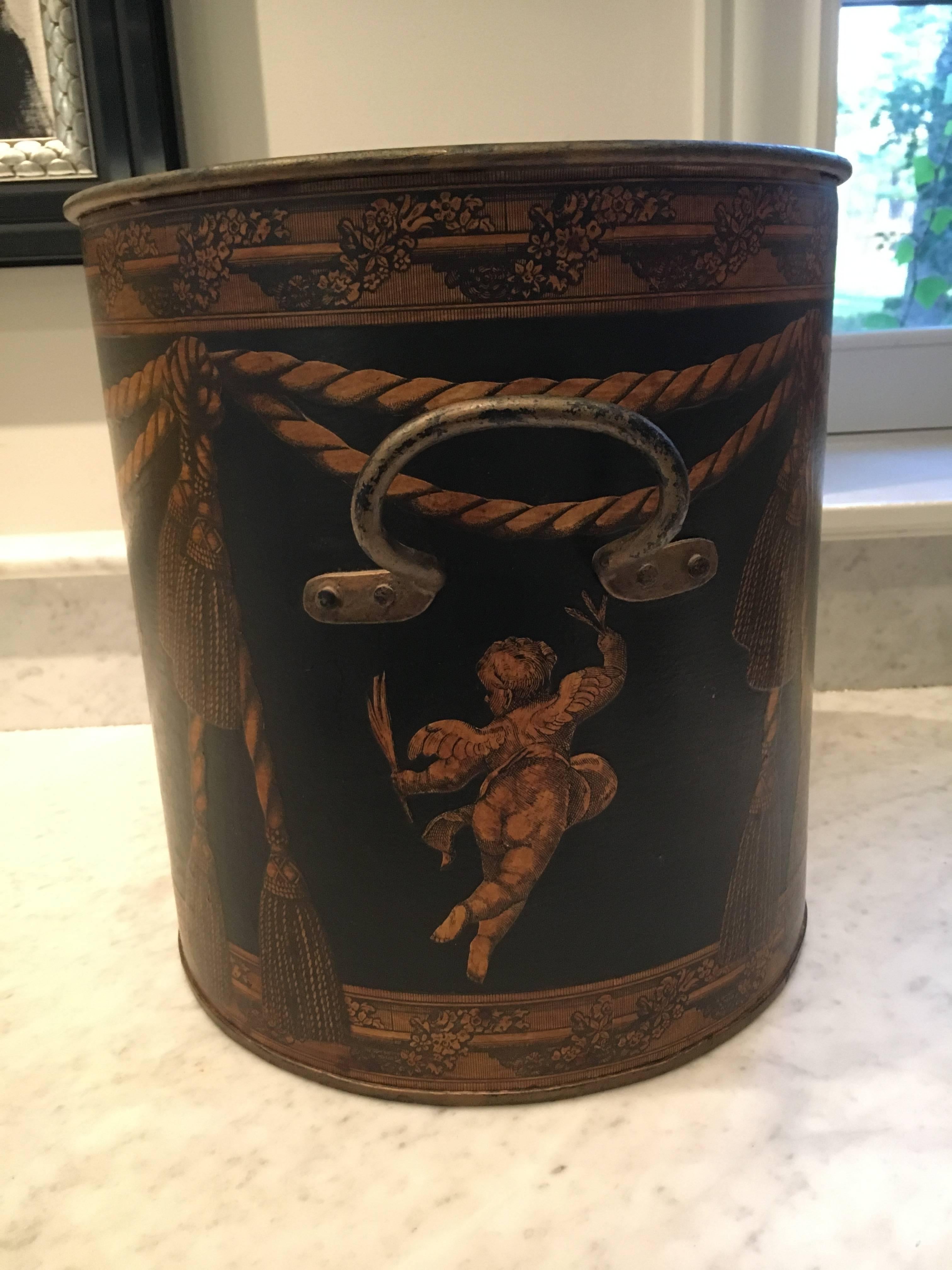 Copper Decoupage Decorated Cachepot or Kindling Holder In Excellent Condition In Hopewell, NJ